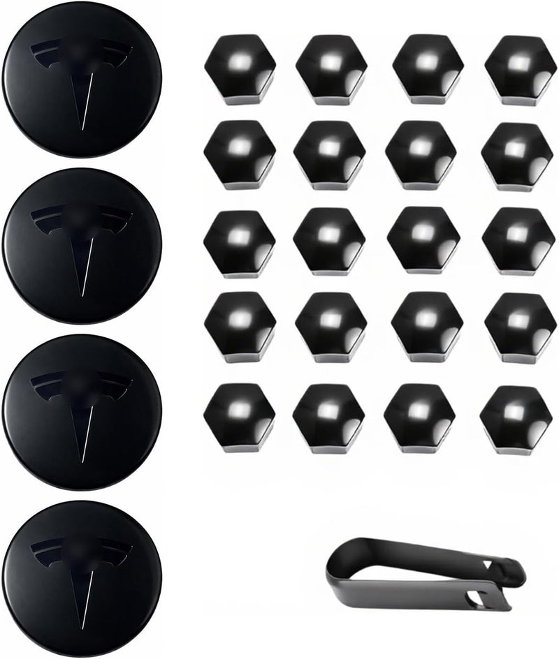 Tesheer Wheel Center Hub Cap Kit with Tesla Emble Brand Center Caps for Model 3 Model Y with 20 Lug Nut Covers (4PCS) (Glossy Black) - Image 2