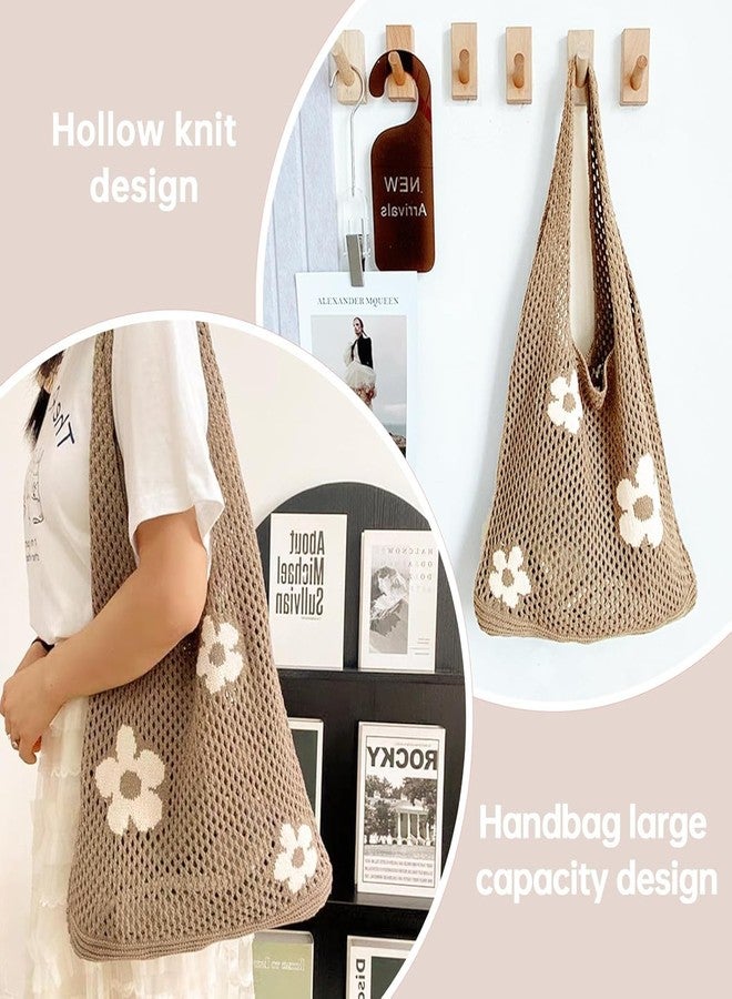 كون حقيبة تسوق كروشيه من كاون للنساء، حقيبة شاطئ صيفية أنيقة، حقيبة كتف متينة منسوجة للاستخدام اليومي والإجازات، هدية للنساء (لون كاكي) - Image 5