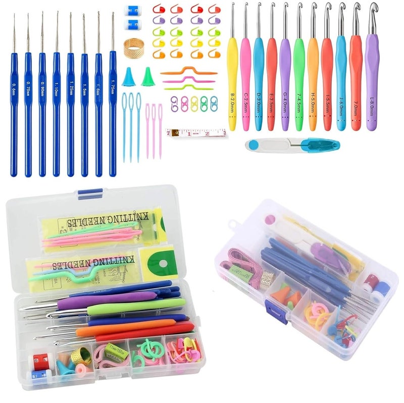 Kwizy Knitting Crochet Hook Needles Set 53 Pcs Ergonomic Kit with 16 Pcs Soft Grip Handles Hooks Needles With Measurement Tape Stitch Markers Ring Markers Timble for Stitching Knitting Yarn Multipurpose