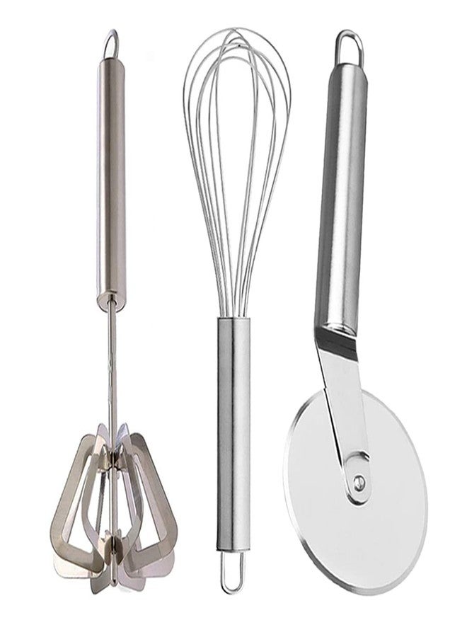 JISUN Stainless Steel Hand Blender/Mathani & Egg Whisk/Egg Beater/Steel Whisk & Pizza Cutter Silver Kitchen Tool Set - Image 1