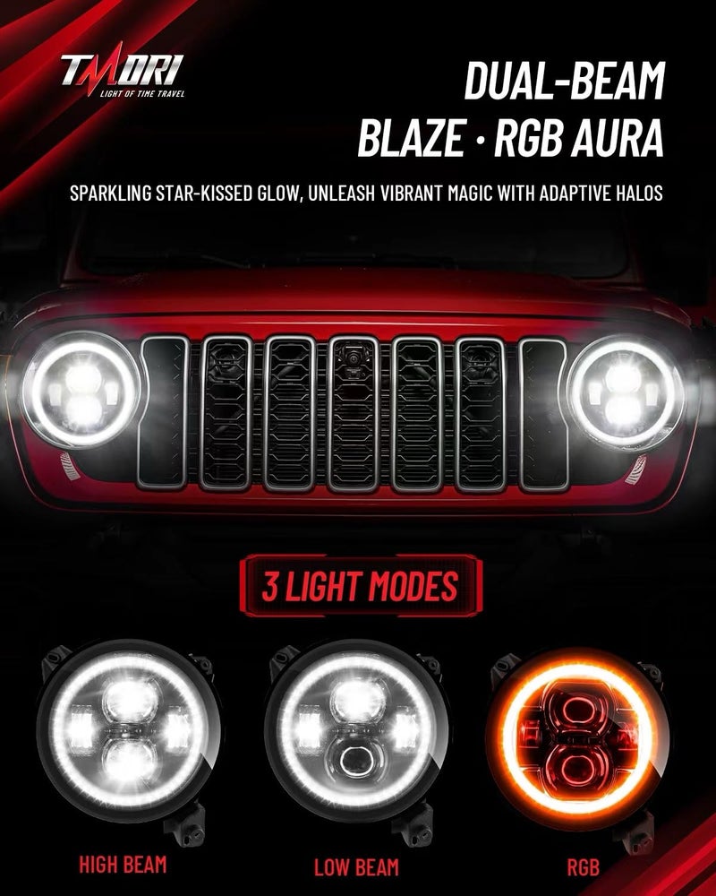 TMORI 9 Inch Multi-Color LED Headlights with Angel Eyes Ring DOT Hi/Lo Beam 9" Round Headlights Remote Phone APP Control Compatible with Je-ep Wrangler JL JLU Unlimited & Gladiator JT (2018-2026) - Image 2