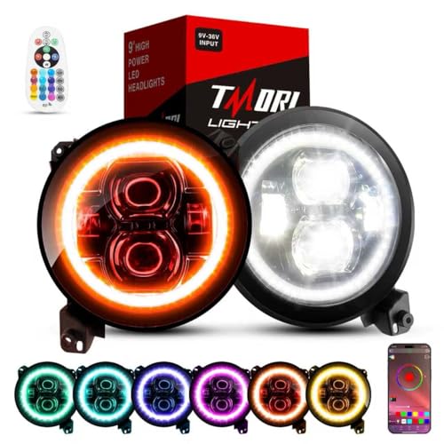 TMORI 9 Inch Multi-Color LED Headlights with Angel Eyes Ring DOT Hi/Lo Beam 9" Round Headlights Remote Phone APP Control Compatible with Je-ep Wrangler JL JLU Unlimited & Gladiator JT (2018-2026) - Image 1