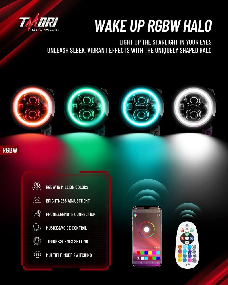TMORI 9 Inch Multi-Color LED Headlights with Angel Eyes Ring DOT Hi/Lo Beam 9" Round Headlights Remote Phone APP Control Compatible with Je-ep Wrangler JL JLU Unlimited & Gladiator JT (2018-2026) - Image 3