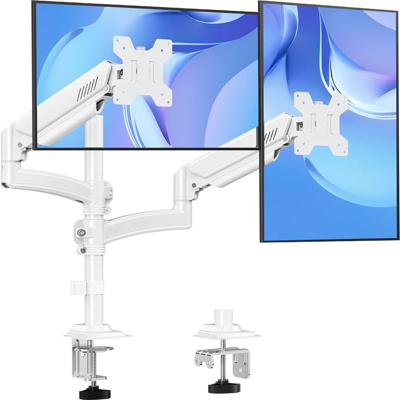 MOUNTUP Dual Monitor Stand Height up to 26.6 inch, Monitor Desk Mount Holds up to 32 inch & 22 lbs Each, Gas Spring Dual Monitors Arm with C-clamp & Grommet Mounting, Freelift White - Image 1