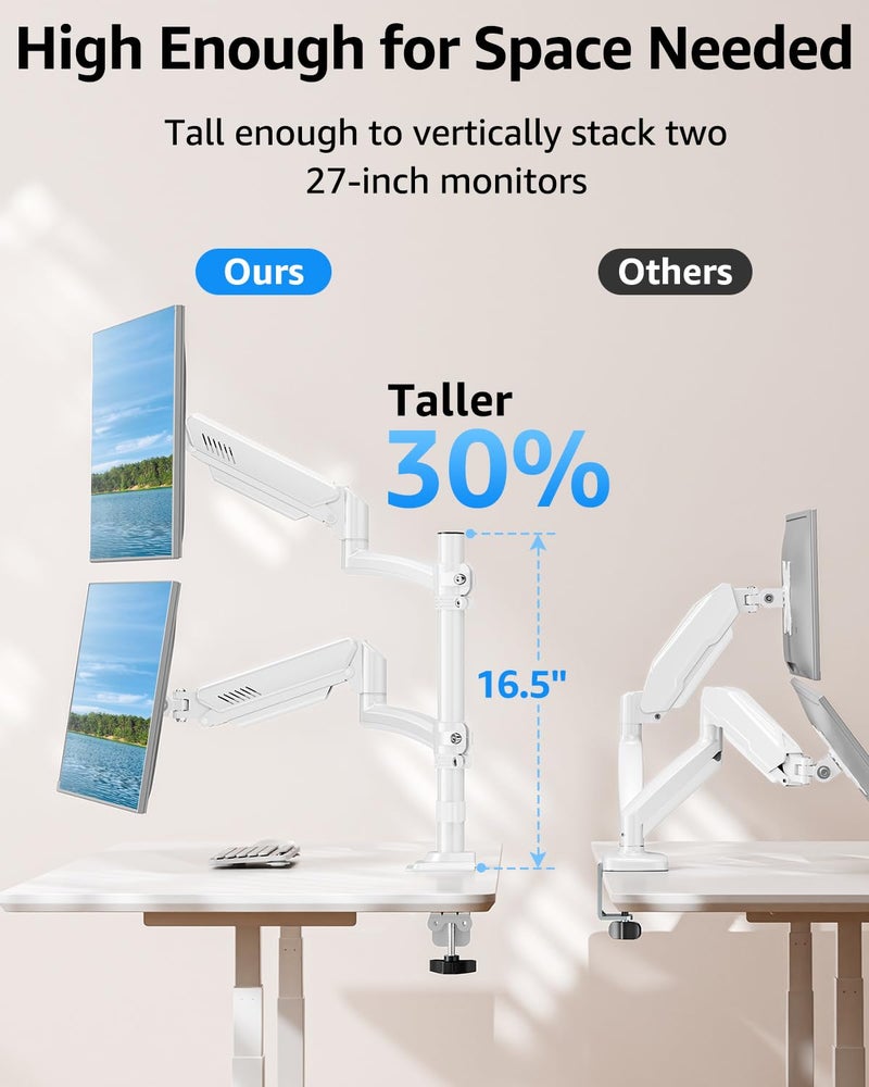 MOUNTUP Dual Monitor Stand Height up to 26.6 inch, Monitor Desk Mount Holds up to 32 inch & 22 lbs Each, Gas Spring Dual Monitors Arm with C-clamp & Grommet Mounting, Freelift White - Image 4