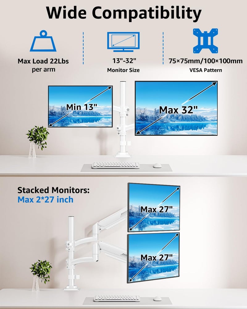 MOUNTUP Dual Monitor Stand Height up to 26.6 inch, Monitor Desk Mount Holds up to 32 inch & 22 lbs Each, Gas Spring Dual Monitors Arm with C-clamp & Grommet Mounting, Freelift White - Image 3