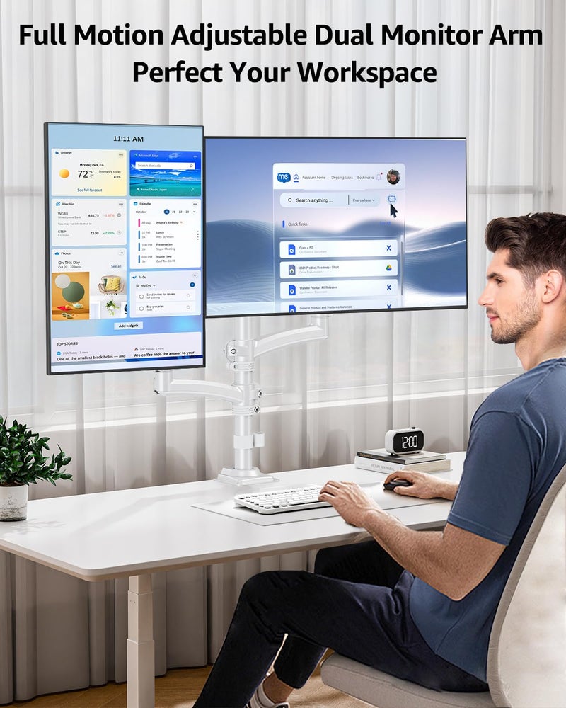 MOUNTUP Dual Monitor Stand Height up to 26.6 inch, Monitor Desk Mount Holds up to 32 inch & 22 lbs Each, Gas Spring Dual Monitors Arm with C-clamp & Grommet Mounting, Freelift White - Image 2