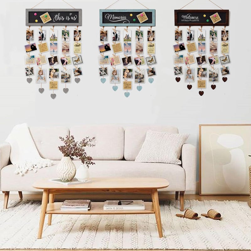 EXQUIDECA Picture Frames Cool Grey Collage Display Board with 30 Clips - Multi Photos Cards Organizer with Adjustable Twines and Magnetic Blackboard - DIY Wall Decor Hanging Picture Holder 15.7x5 Inches - Image 4