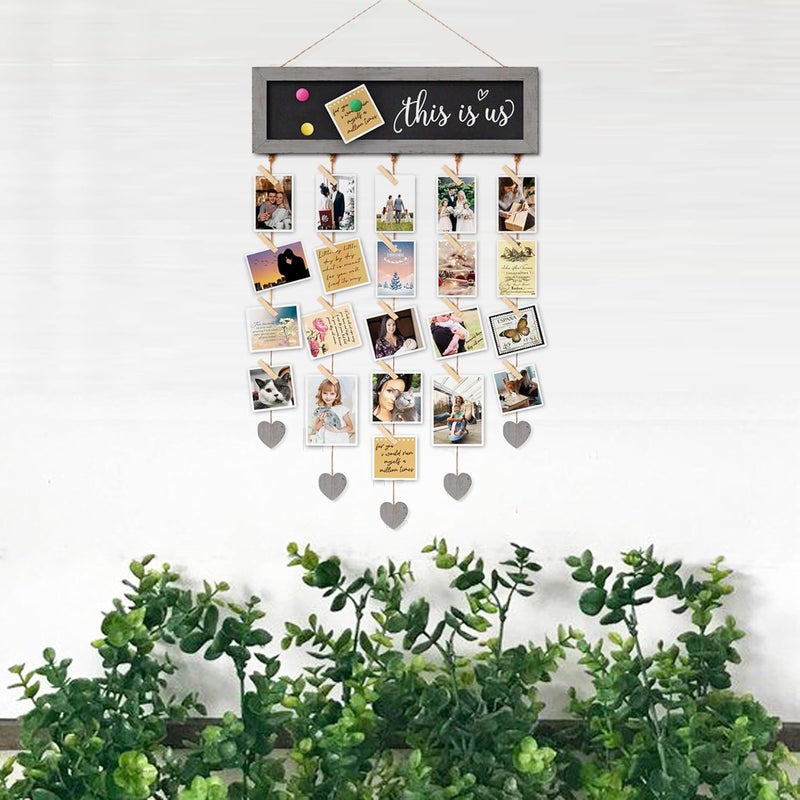 EXQUIDECA Picture Frames Cool Grey Collage Display Board with 30 Clips - Multi Photos Cards Organizer with Adjustable Twines and Magnetic Blackboard - DIY Wall Decor Hanging Picture Holder 15.7x5 Inches - Image 5