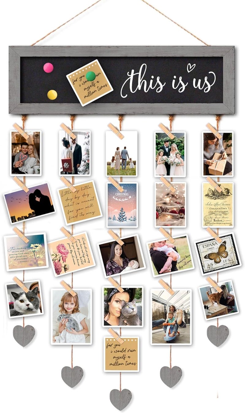 EXQUIDECA Picture Frames Cool Grey Collage Display Board with 30 Clips - Multi Photos Cards Organizer with Adjustable Twines and Magnetic Blackboard - DIY Wall Decor Hanging Picture Holder 15.7x5 Inches - Image 1