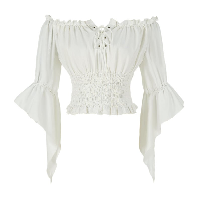 Mingyuezai Womens Renaissance Peasant Blouse Off Shoulder Trumpet Sleeve Tops(S,Z2880C) - Image 1