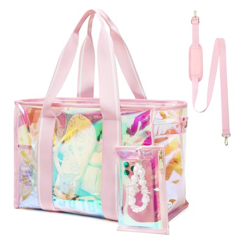 Sisipoet Large Beach Tote Bags for Women, 26L Iridescent Clear Tote Bag, Waterproof Tip-Proof Sandproof Tote Pool Bag, Travel Totes with Phone Pouch and Pendant for Travel, Beach, Swim and Gym - Image 1
