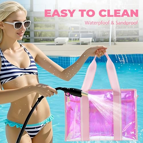 Sisipoet Large Beach Tote Bags for Women, 26L Iridescent Clear Tote Bag, Waterproof Tip-Proof Sandproof Tote Pool Bag, Travel Totes with Phone Pouch and Pendant for Travel, Beach, Swim and Gym - Image 4