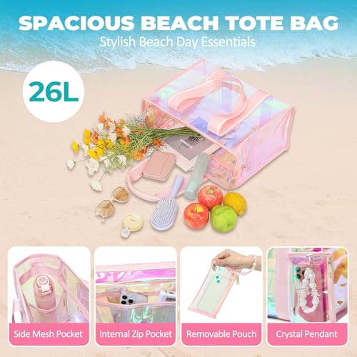 Sisipoet Large Beach Tote Bags for Women, 26L Iridescent Clear Tote Bag, Waterproof Tip-Proof Sandproof Tote Pool Bag, Travel Totes with Phone Pouch and Pendant for Travel, Beach, Swim and Gym - Image 2