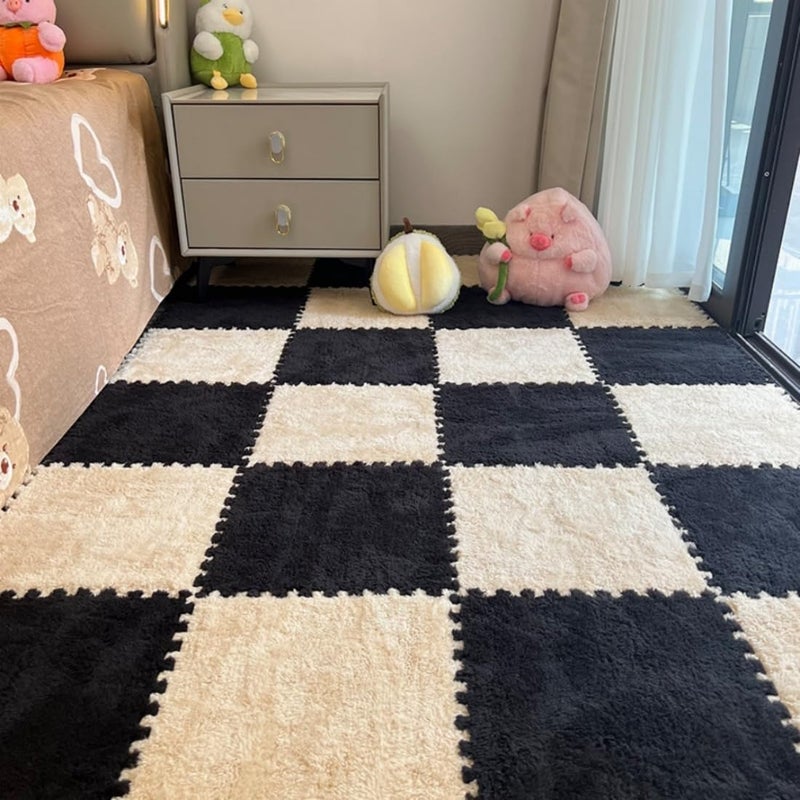 YISLEND 12Pcs Interlocking Carpet Tiles,12"x 12" Plush Interlocking Foam Carpet Tiles with Border,Fluffy Play Mat Floor Tiles Thick Padded Squares Foam Tiles for Playroom Decor (Khaki+Black) - Image 1