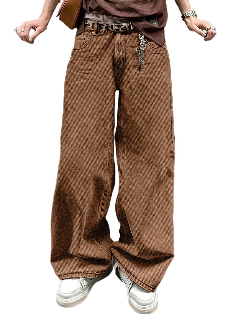 Casual Loose Straight-Leg Long Pants for Young Men in Coffee Brown, Denim Style, Suitable for All Seasons—Spring, Summer, Autumn, And Winter. Fashionable And Versatile with Button Pockets, T - Image 1