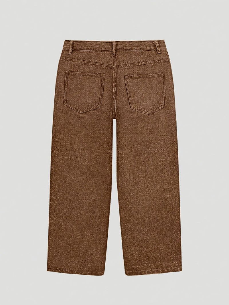 Casual Loose Straight-Leg Long Pants for Young Men in Coffee Brown, Denim Style, Suitable for All Seasons—Spring, Summer, Autumn, And Winter. Fashionable And Versatile with Button Pockets, T - Image 4