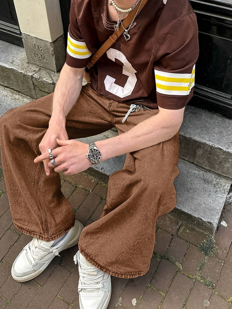Casual Loose Straight-Leg Long Pants for Young Men in Coffee Brown, Denim Style, Suitable for All Seasons—Spring, Summer, Autumn, And Winter. Fashionable And Versatile with Button Pockets, T - Image 5
