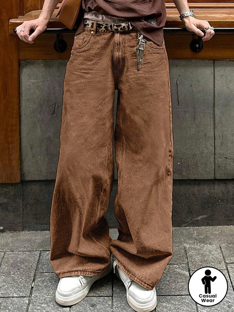 Casual Loose Straight-Leg Long Pants for Young Men in Coffee Brown, Denim Style, Suitable for All Seasons—Spring, Summer, Autumn, And Winter. Fashionable And Versatile with Button Pockets, T - Image 2