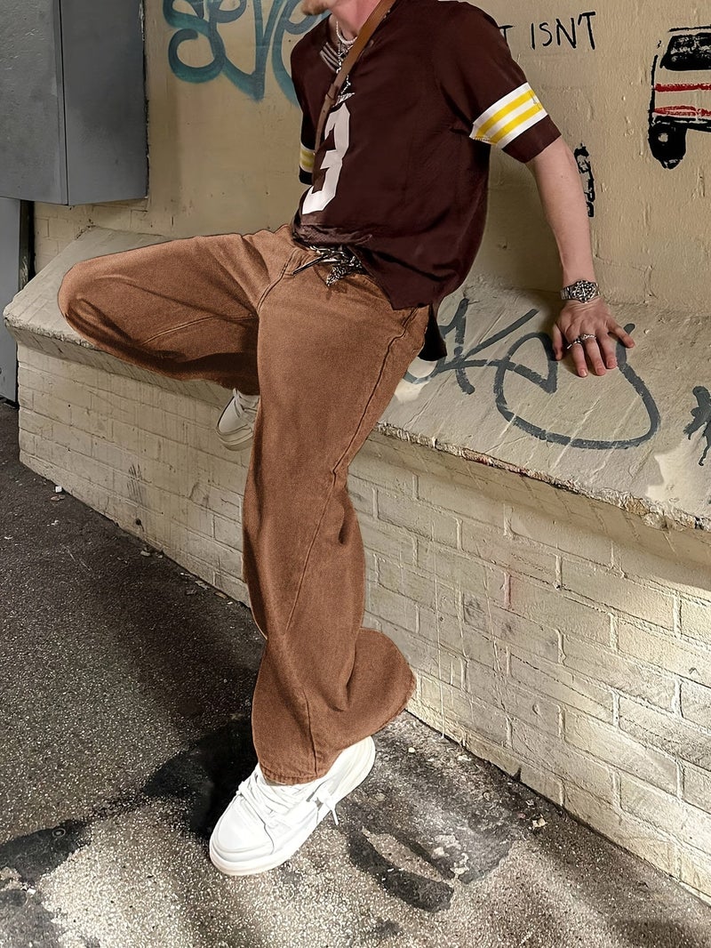 Casual Loose Straight-Leg Long Pants for Young Men in Coffee Brown, Denim Style, Suitable for All Seasons—Spring, Summer, Autumn, And Winter. Fashionable And Versatile with Button Pockets, T - Image 3
