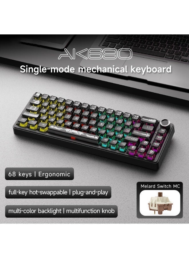 A-jazz AK690 75% Mechanical Gaming Keyboard, featuring hot-swappable switches, RGB backlighting, and knob controls. This compact, wired keyboard with a detachable USB-C cable uses a spacer-mounted design and is compatible with PC, PS5, PS4, Xbox, and Mac—perfect for FPS and Fortnite players. - Image 2