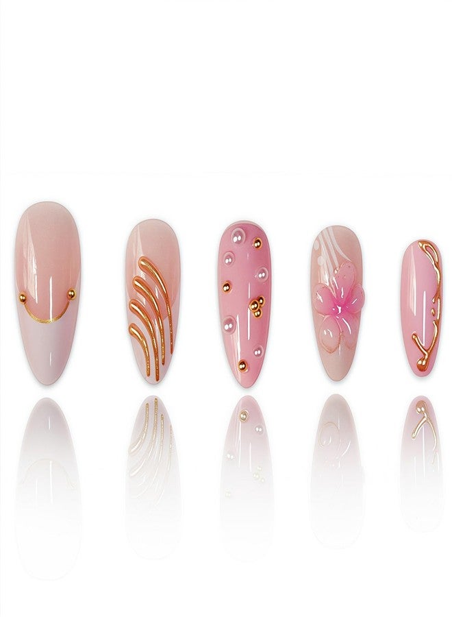 NSSHEL Flower Press on Nails Almond Medium Fake Nails with 3D Pink Flower & Golden Embossed Design White French Tip Acrylic Nail Artificial Glue on Nails Full Cover False Nail for Women 24 Pcs - Image 2