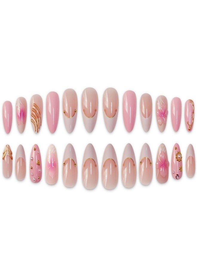 NSSHEL Flower Press on Nails Almond Medium Fake Nails with 3D Pink Flower & Golden Embossed Design White French Tip Acrylic Nail Artificial Glue on Nails Full Cover False Nail for Women 24 Pcs - Image 4