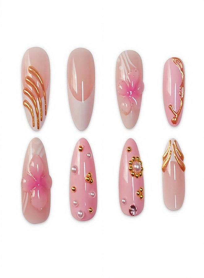 NSSHEL Flower Press on Nails Almond Medium Fake Nails with 3D Pink Flower & Golden Embossed Design White French Tip Acrylic Nail Artificial Glue on Nails Full Cover False Nail for Women 24 Pcs - Image 3