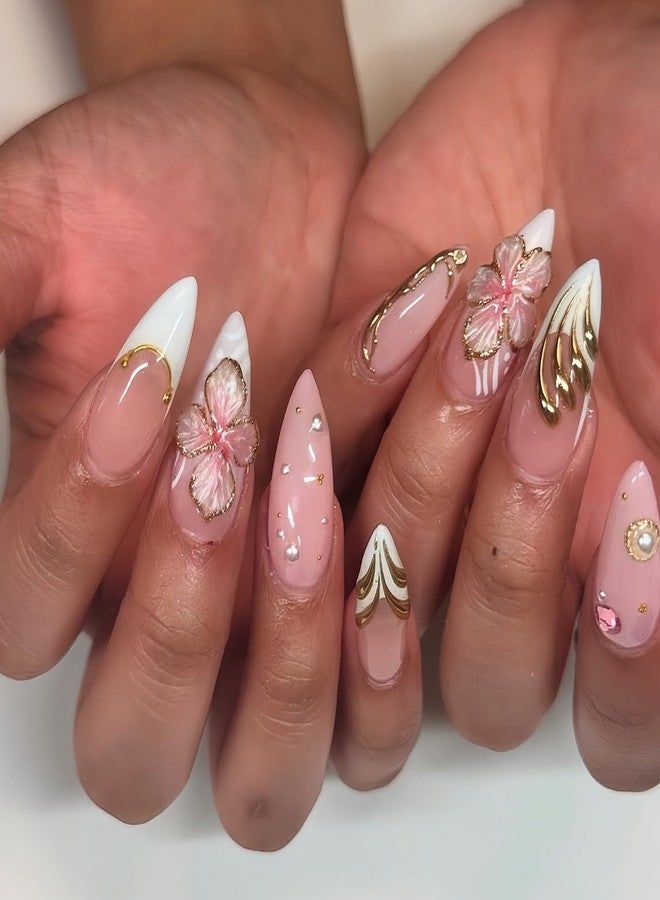 NSSHEL Flower Press on Nails Almond Medium Fake Nails with 3D Pink Flower & Golden Embossed Design White French Tip Acrylic Nail Artificial Glue on Nails Full Cover False Nail for Women 24 Pcs - Image 1