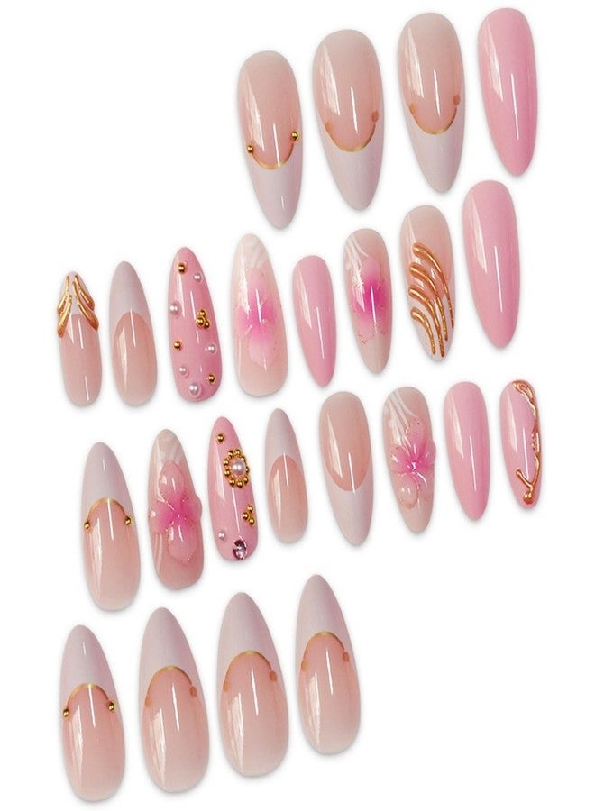 NSSHEL Flower Press on Nails Almond Medium Fake Nails with 3D Pink Flower & Golden Embossed Design White French Tip Acrylic Nail Artificial Glue on Nails Full Cover False Nail for Women 24 Pcs - Image 5