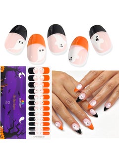 EBANKU EBANKU Halloween Semi Cured Gel Nail Strips, 24PCS Cute Halloween Ghost Full Nail Wraps Strips Works with Any Nail Lamps, Long Lasting, French Manicure Gel Nail Stickers with Nail File, Nail Stick 