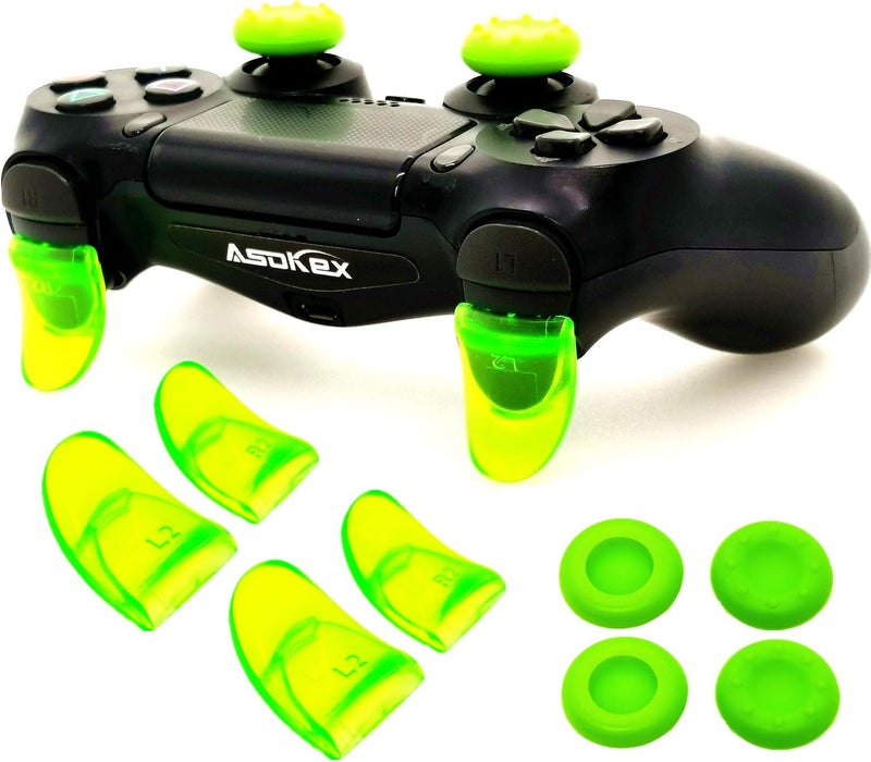 Asokex L2 R2 Ps4 Trigger Extenders (2 Pairs L2 R2 Triggers, 4pcs Joystick Cap, 2 Pairs LED Light Bar Decal) for Ps4 Controller(Green) - Image 1