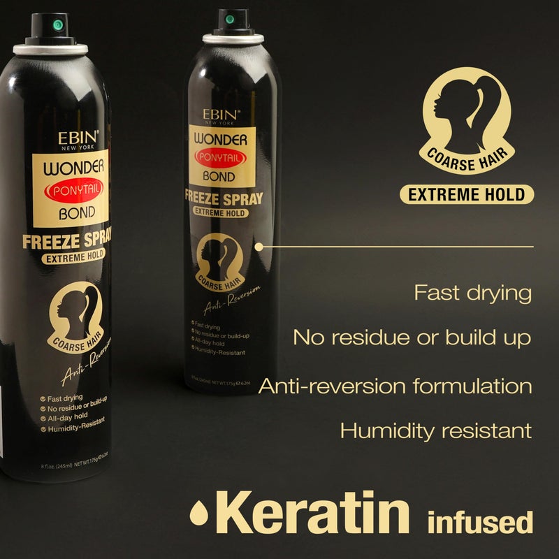 EBIN NEW YORK Wonder Ponytail Bond Freeze Spray Extreme Firm Hold - Coarse Hair 8oz/ 245ml | Long Lasting Hold, 24-Hour Frizz Control, Shine Enhancing, Fast-Drying, Lightweight, All Hair Types - Image 5