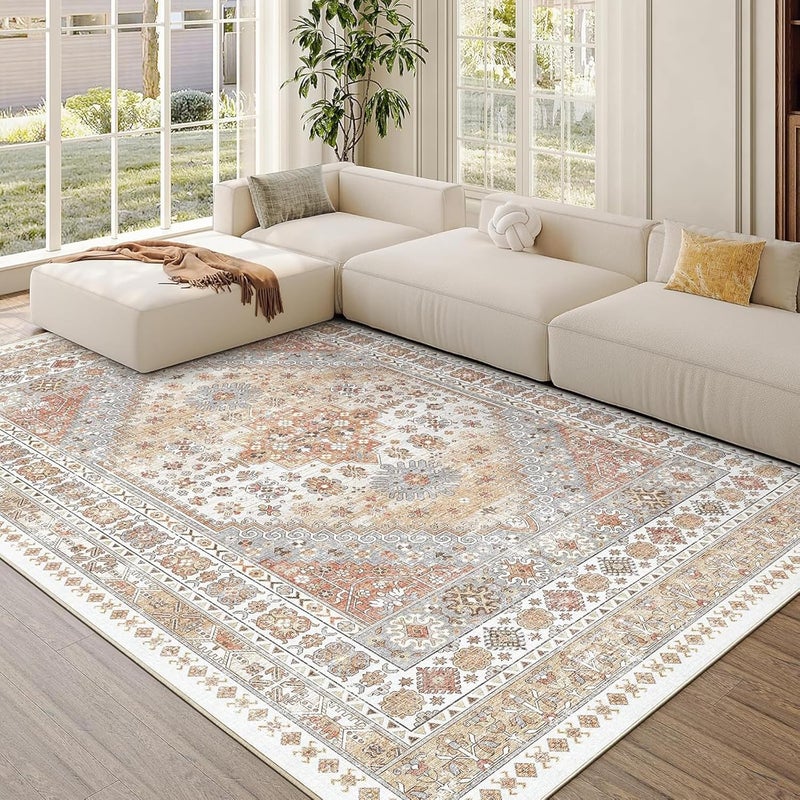 LIODUX Boho Area Rugs, Ultra-Thin Washble Rug, Bohemian Vintage Carpet, Anti Slip Backing Rugs for Living Room, Bedroom, Vintage Office Decor Area Rug (Orange, 120 x 180 cm (Rectangular)) - Image 1