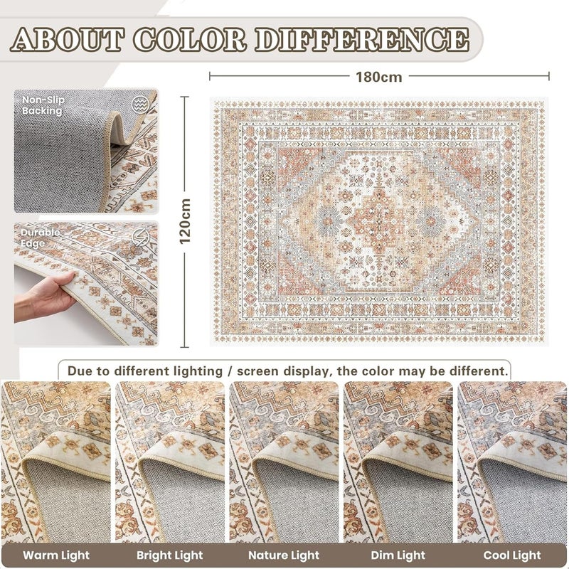 LIODUX Boho Area Rugs, Ultra-Thin Washble Rug, Bohemian Vintage Carpet, Anti Slip Backing Rugs for Living Room, Bedroom, Vintage Office Decor Area Rug (Orange, 120 x 180 cm (Rectangular)) - Image 2