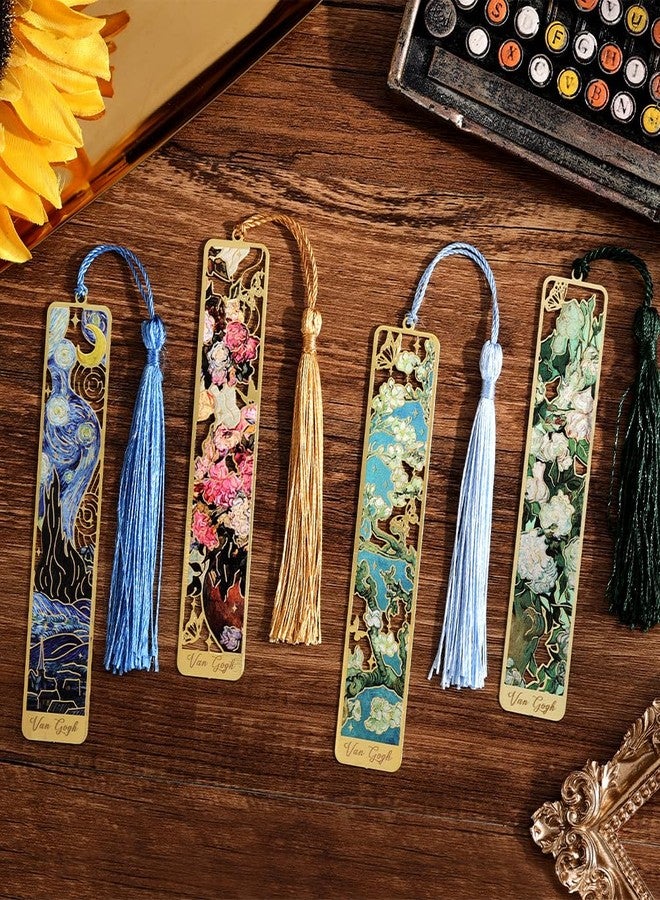 icceemee 4 Pieces of Gold Hollow Bookmarks with Tassels, Featuring Van Gogh and Monet Oil Painting Themes Perfect for Book Lovers, Writers, Readers, Children, Teenagers, Men, Women, and Adults - Image 1