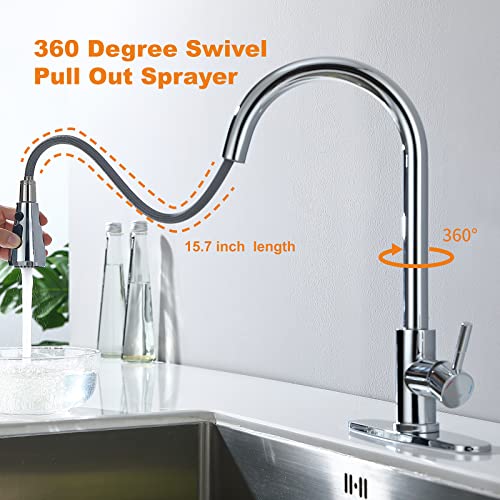 Keer Polished Chrome Single Handle Pull Down Kitchen Faucet with Soap Dispenser, 3 Modes Sprayer, Easy Assembly, Single Handle High Arc Stainless Steel Faucet - Image 5