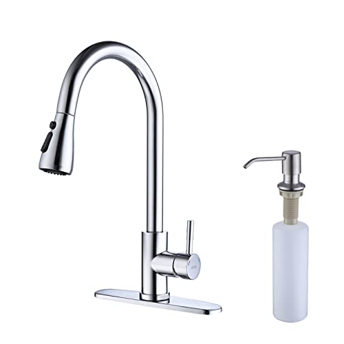 Keer Polished Chrome Single Handle Pull Down Kitchen Faucet with Soap Dispenser, 3 Modes Sprayer, Easy Assembly, Single Handle High Arc Stainless Steel Faucet - Image 1