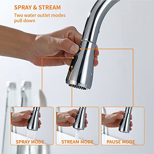 Keer Polished Chrome Single Handle Pull Down Kitchen Faucet with Soap Dispenser, 3 Modes Sprayer, Easy Assembly, Single Handle High Arc Stainless Steel Faucet - Image 4