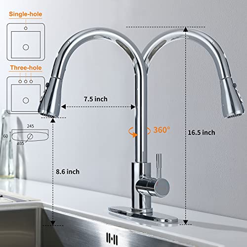 Keer Polished Chrome Single Handle Pull Down Kitchen Faucet with Soap Dispenser, 3 Modes Sprayer, Easy Assembly, Single Handle High Arc Stainless Steel Faucet - Image 3