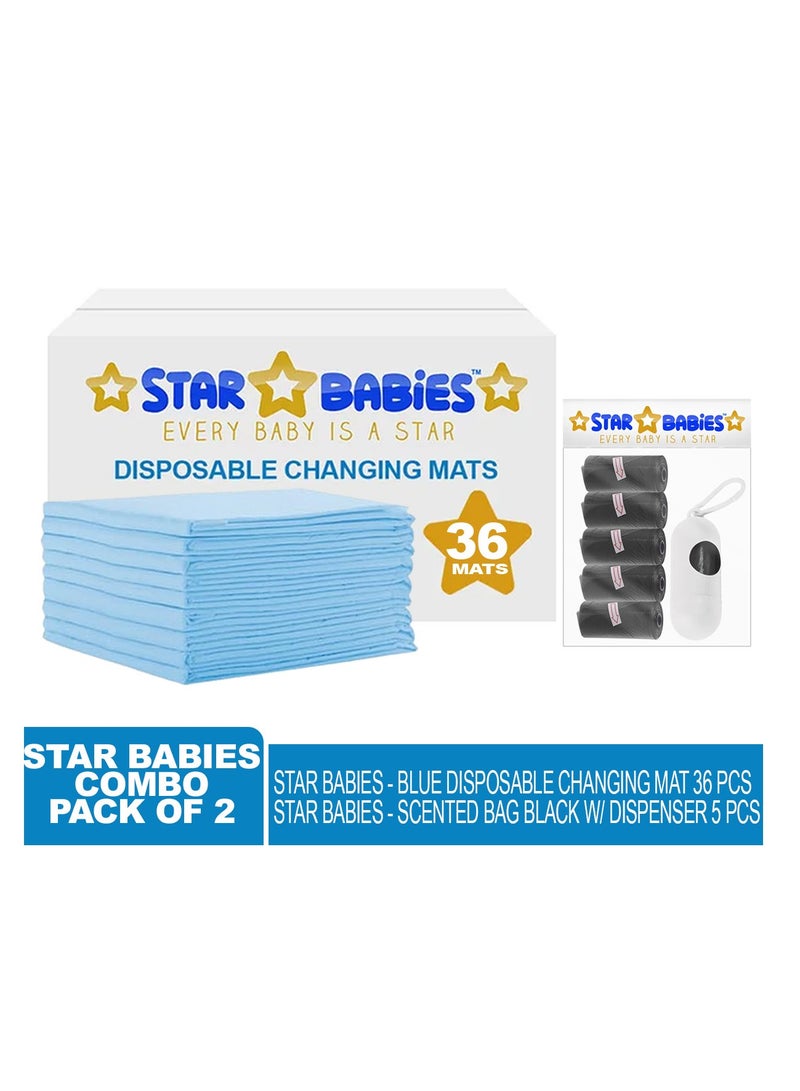 STAR BABiES Star Babies - Combo Pack of 2- Disposable Changing Mat Pack of 36 with Scented Bag (5 Pcs) - Blue/Black  - Image 2