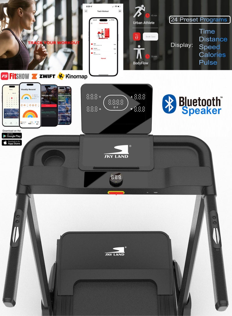سكاي لاند جهاز مشي قابل للطي مدمج لصالة الألعاب الرياضية المنزلية | محرك بقوة 2 حصان مع ميل يدوي | توافق مع تطبيقات اللياقة البدنية عبر البلوتوث | سرعة 1-16 كم/ساعة | الوزن الأقصى للمستخدم 110 كجم – جهاز جري للاستخدام المنزلي EM-1300 - Image 2