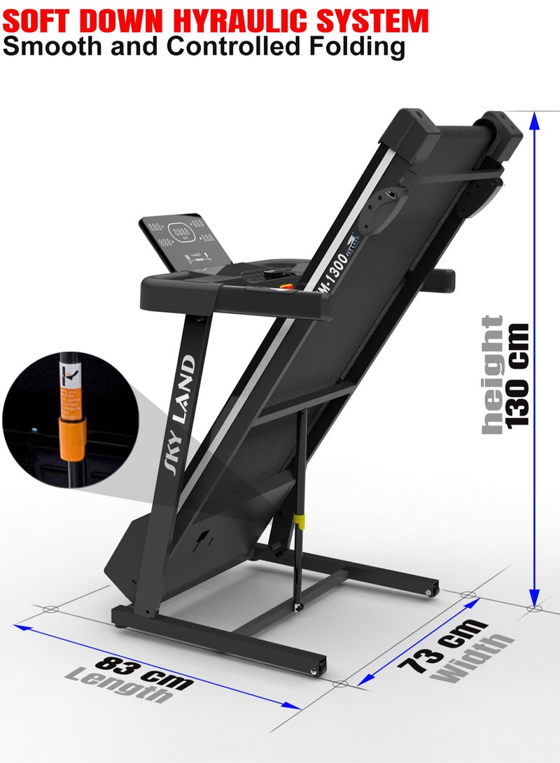 سكاي لاند جهاز مشي قابل للطي مدمج لصالة الألعاب الرياضية المنزلية | محرك بقوة 2 حصان مع ميل يدوي | توافق مع تطبيقات اللياقة البدنية عبر البلوتوث | سرعة 1-16 كم/ساعة | الوزن الأقصى للمستخدم 110 كجم – جهاز جري للاستخدام المنزلي EM-1300 - Image 4