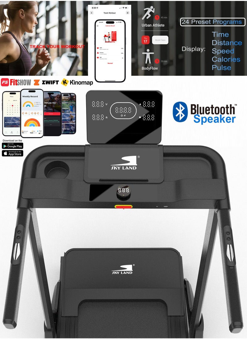Sky Land - Foldable Treadmill for Home Use with 2 HP Motor, Manual Incline, Bluetooth, Multi Fitness App Supported, 1-16km/h Speed Range, Max User Weight 110kg, Compact Treadmill Design, Running Machine For Home Gym– EM-1300 - Image 1