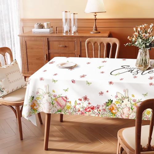 DISENB Easter Tablecloth 60 x 120 Inch, Bunny Egg Flowers Happy Easter Table Cloth, Stain and Wrinkle Resistant Washable Rectangle Table Cover for Spring Holiday Party Picnic Dinner Decor - Image 3