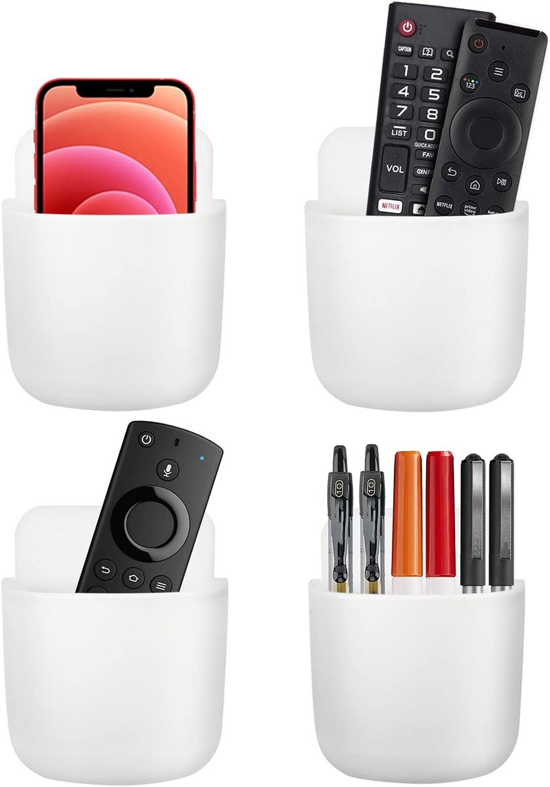 AREAJD 4 Pack 2022 Upgrades TV Remote Holder Wall Mount/Ceiling Fan Remote Control Wall Holder/Pen Holder, Cell Phone Holder with Adhesive, Bedside Shelf, White - Image 1
