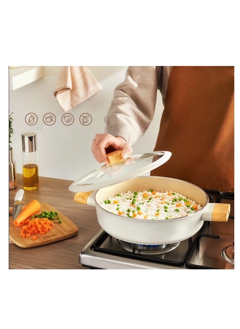 Homemaker Swiss Crystal High Quality Ceramic Coating Non-Stick Low Casserole - 24cm- Glass Lid With Protective Silicon Edge - Natural Wood Handles and Knob - Beige  - Image 3