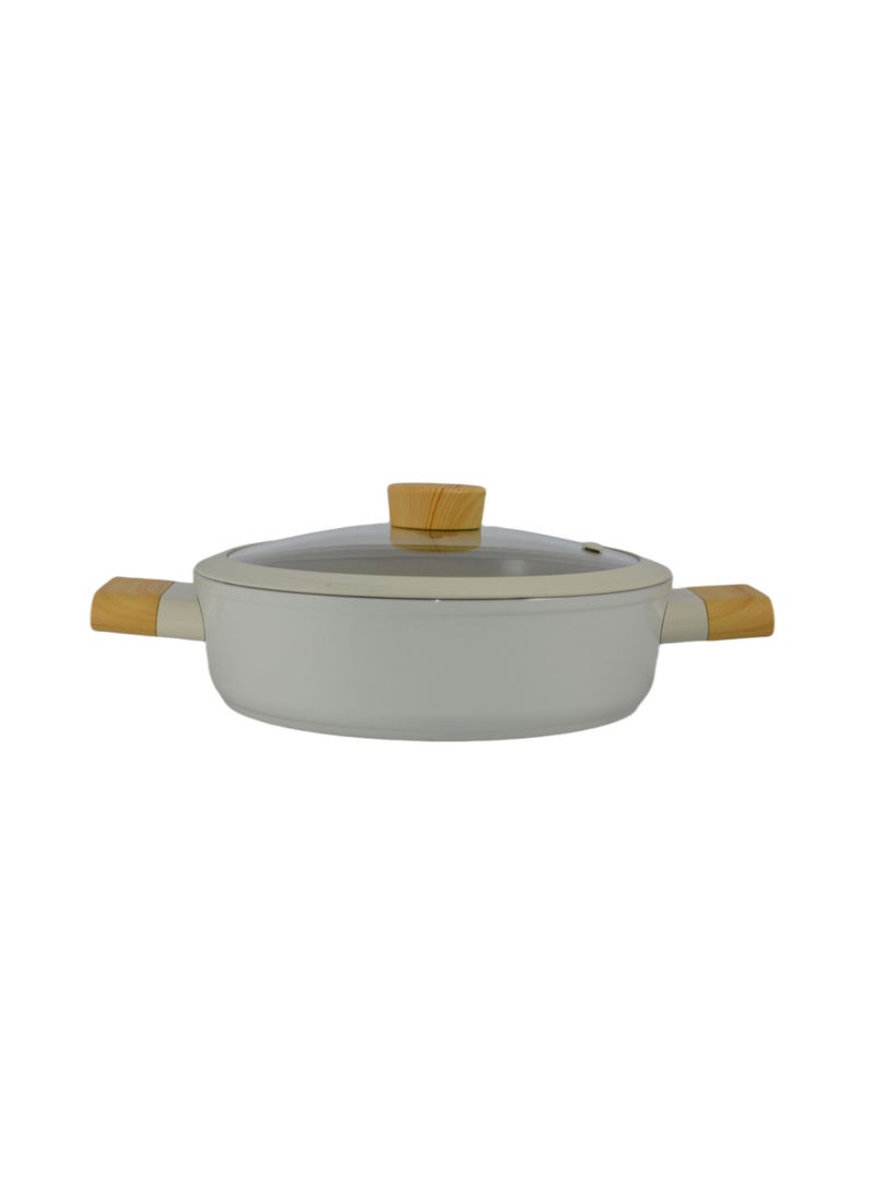Homemaker Swiss Crystal High Quality Ceramic Coating Non-Stick Low Casserole - 24cm- Glass Lid With Protective Silicon Edge - Natural Wood Handles and Knob - Beige  - Image 4