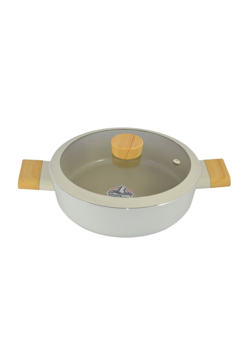 Homemaker Swiss Crystal High Quality Ceramic Coating Non-Stick Low Casserole - 24cm- Glass Lid With Protective Silicon Edge - Natural Wood Handles and Knob - Beige  - Image 5