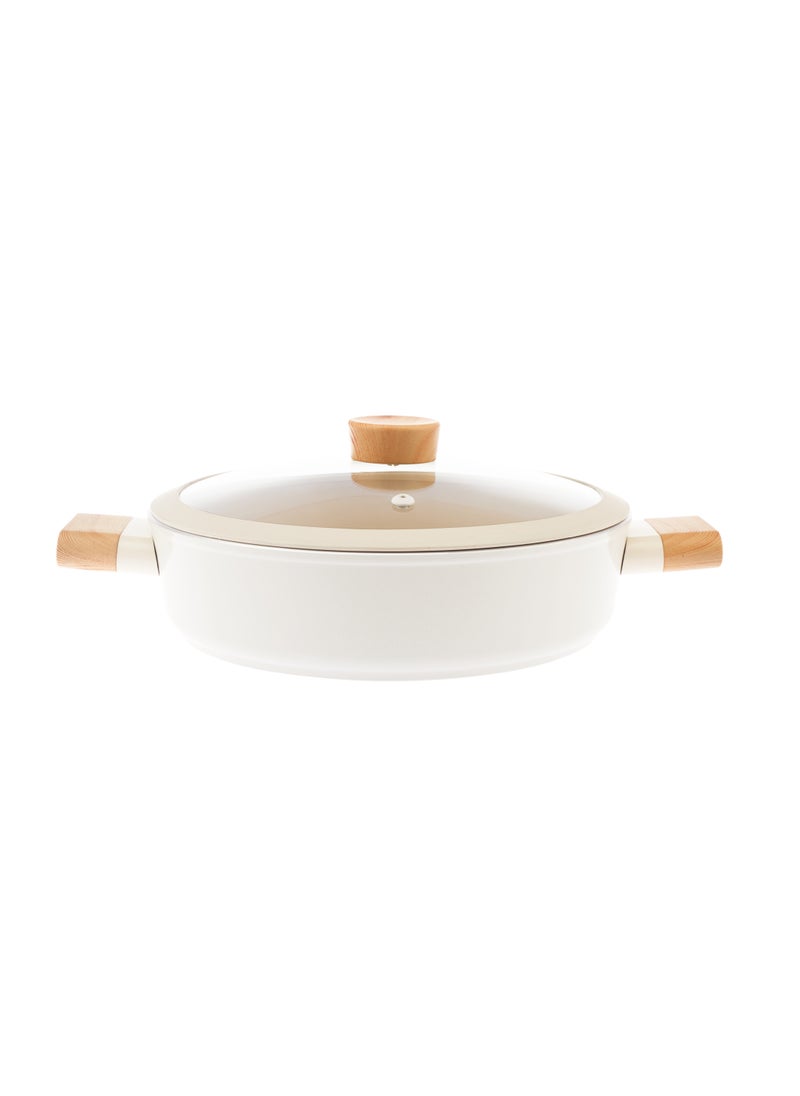 Homemaker Swiss Crystal High Quality Ceramic Coating Non-Stick Low Casserole - 24cm- Glass Lid With Protective Silicon Edge - Natural Wood Handles and Knob - Beige  - Image 1